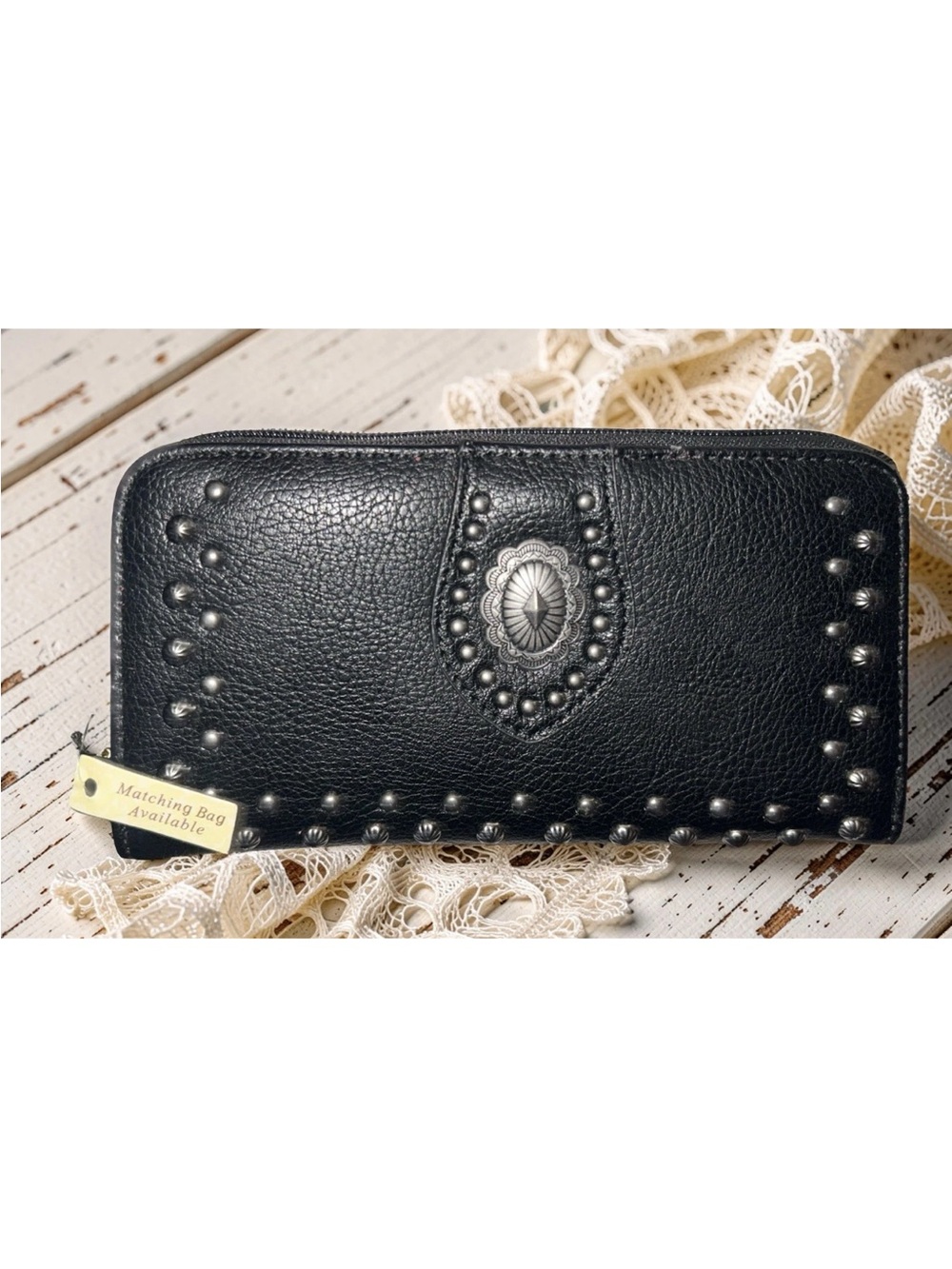 Montana West Black Studded Southwestern Western Black Leather Wallet Brand New